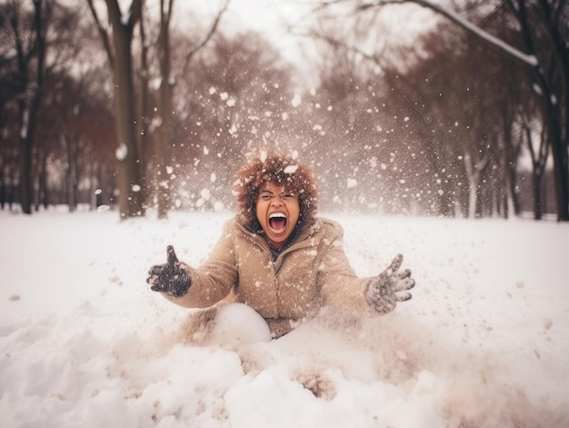 Afro-Amerikaanse vrouw geniet van de winter sneeuwdag in speelse emotionele dynamische pose