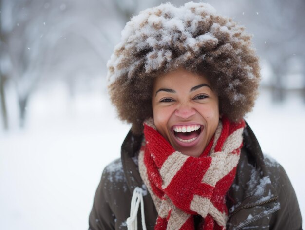 Afro-Amerikaanse vrouw geniet van de winter sneeuwdag in speelse emotionele dynamische pose