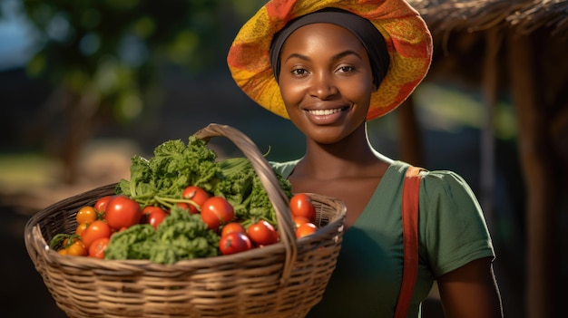 Afro-Amerikaanse vrouw houdt een mand vast met een oogst van verschillende groenten