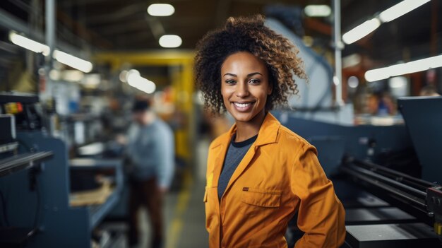 Afro-Amerikaanse vrouw in een industriële fabriek die naar de camera kijkt