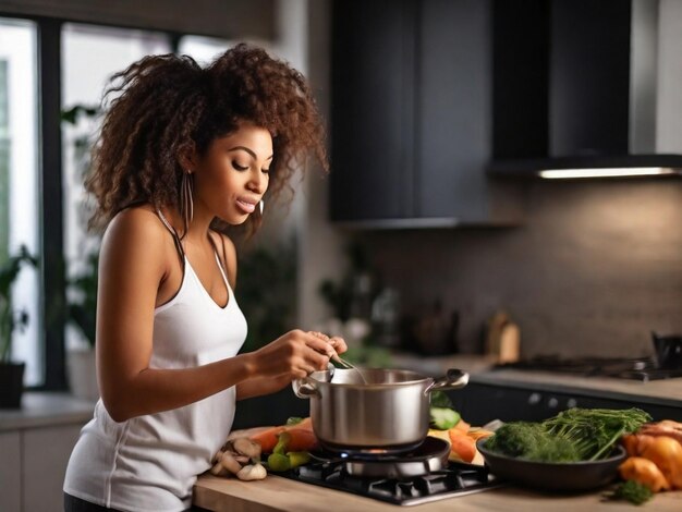 Afro-Amerikaanse vrouw kookt en proeft diner in een pot in een moderne keuken thuis