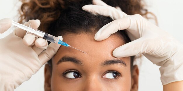 Afro-amerikaanse vrouw krijgt een botox injectie in haar voorhoofd.