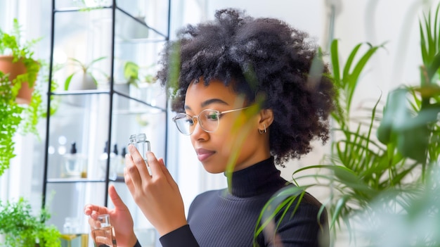 Afro-Amerikaanse vrouw met een bril die parfum gebruikt in een café.