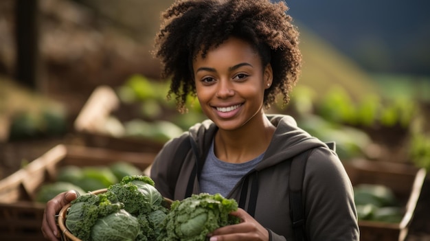 Afro-Amerikaanse vrouw met mand met groene groenten in veld Generatieve AI