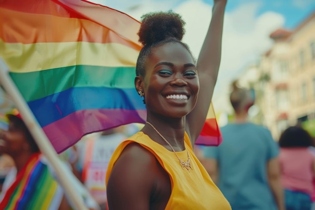 Afro-Amerikaanse vrouw met regenboog LGBTQ vlag Pride maand ter ondersteuning van seksuele diversiteit en gelijkheid in homoseksuele oriëntatie