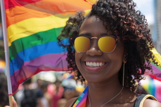 Afro-Amerikaanse vrouw met regenboog LGBTQ vlag Pride maand ter ondersteuning van seksuele diversiteit en gelijkheid in homoseksuele oriëntatie