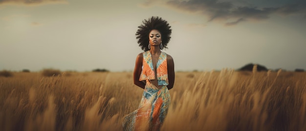 Foto afro-amerikaanse vrouw staande op een veld bij zonsondergang generatieve ai