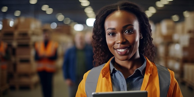 Afro-Amerikaanse vrouw werknemer in een hardwaremagazijn dat de benodigdheden op zijn tablet controleert