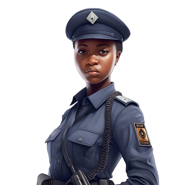 Afro-Amerikaanse vrouwelijke politieagent in uniform Geïsoleerd op witte achtergrond