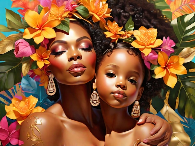 Afro-Amerikaanse vrouwen en dochter vlekkeloze huid levendige tropische bloemen