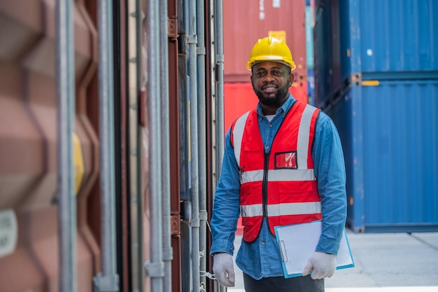 Afro-Amerikaanse werknemer concept Afro-Amerikaanse werknemer werkt in magazijncontainers voor logistieke import export