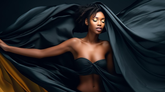 Afro Attractive hot model in Fashion style and wavy silk in background Fashion Dreamy shoot