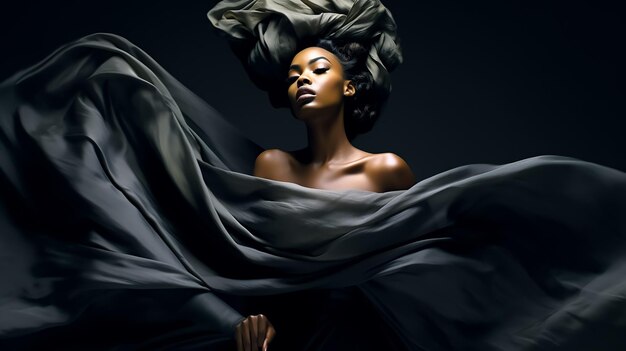 Afro Attractive hot model in Fashion style and wavy silk in background Fashion Dreamy shoot