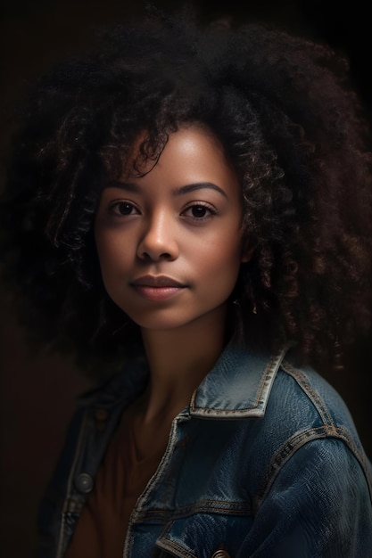 afro beauty vrouw met krullend haar en een spijkerjasje staat in een donkere kamer