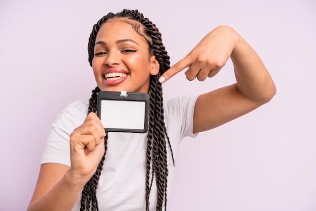 Afro black woman with braids accreditation pass id concept