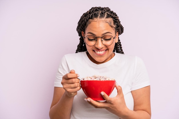 Afro black woman with braids breakfast concept