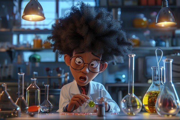 Photo afro cartoon character doing a science experiment