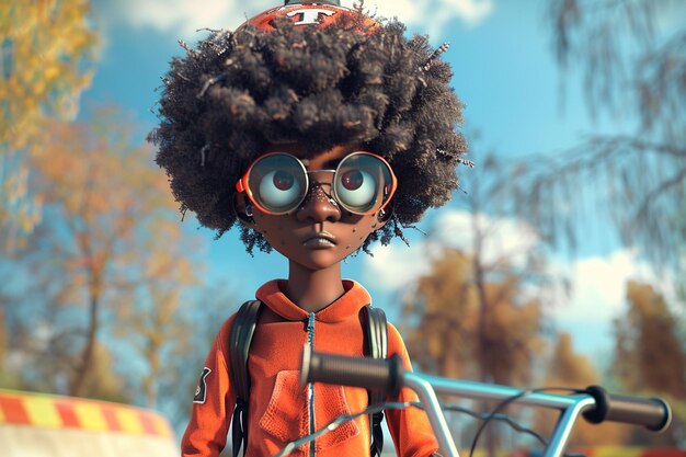 Afro cartoon character going to the BMX park