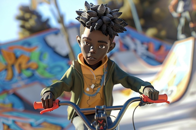 Afro cartoon character going to the BMX park