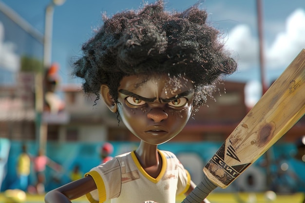 Afro cartoon character playing cricket