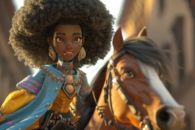 Photo afro cartoon character riding a horse