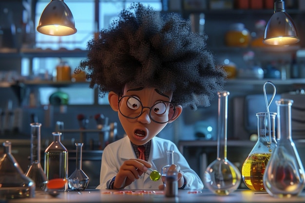 Foto afro cartoon personage doet een wetenschappelijk experiment