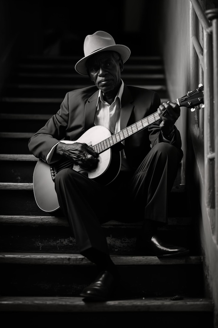 Foto afro-colombian muzikant op de trap met zijn gitaar