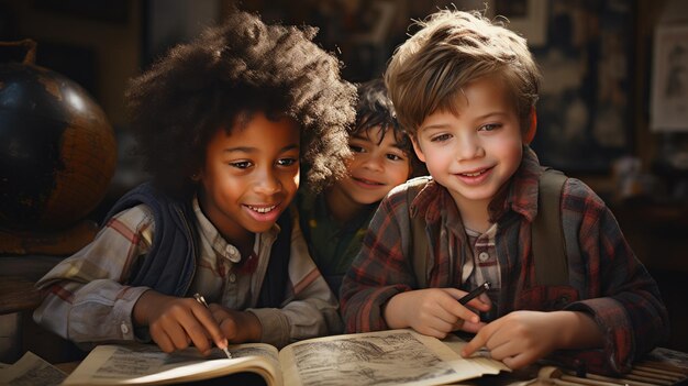 Foto afro- en blank kind in de klas met een boek