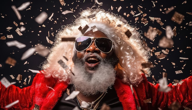 Afro ethnic Santa Claus wishes everyone a merry christmas with glasses and confetti salute fireworks