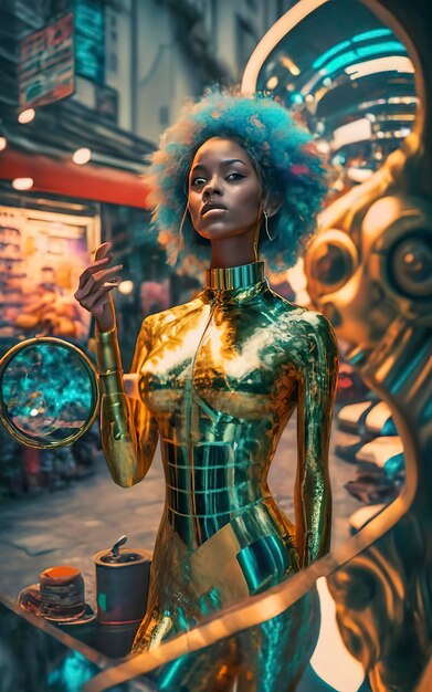 Foto afro futuristico venditore di strada colorato.