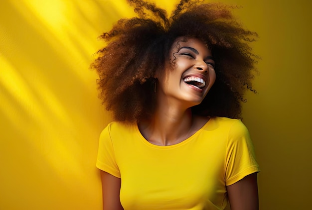 Afro haired young lady wearing a yellow shirt laughing in the style of energetic compositions