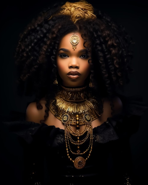 Afro Hot Fashion model full makeup and curly hair Style wearing Black Dress and golden Accessories