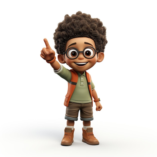 Afro jongen wijst met wijsvinger 3D-stijl geïsoleerd op een lege achtergrond