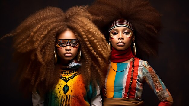 Afro-kinderen modemodel in koninklijk authentiek kostuum jurk vol make-up en kleurrijke krullende haarstijl