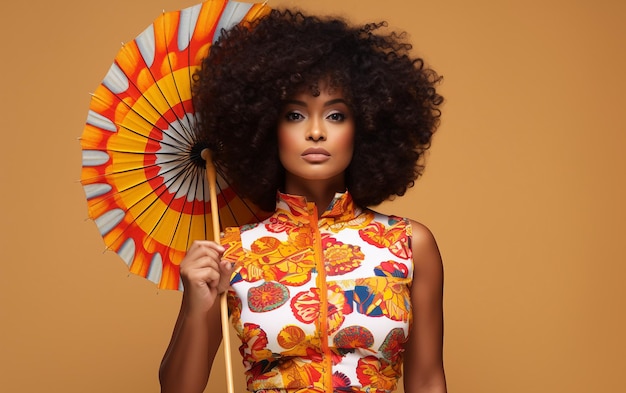 Foto afro latina fashionista su sfondo arancione