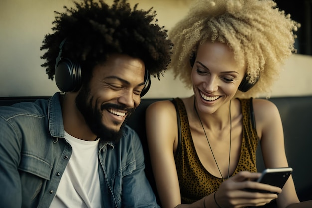 Afro man with caucasian curly woman listening music Generative AI illustration