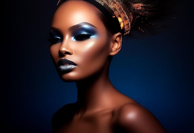 Photo afro model face in full makeup art trendy makeup fashion hot attractive face dark skin