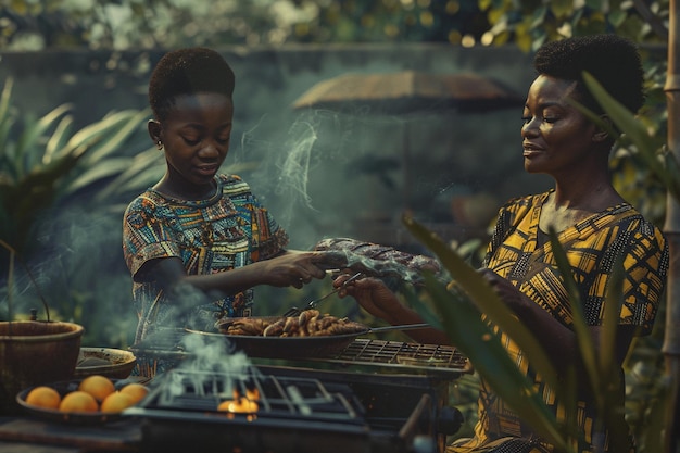 Afro mother and son having a barbecue