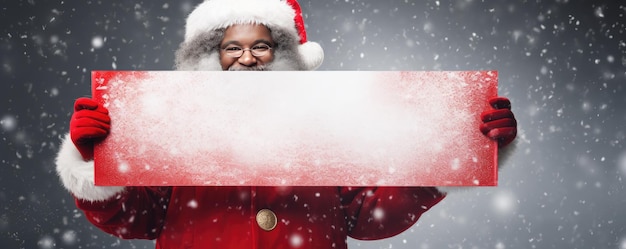 Photo afro santa claus is holding adertisement banner with copy space christmas panorama generative ai