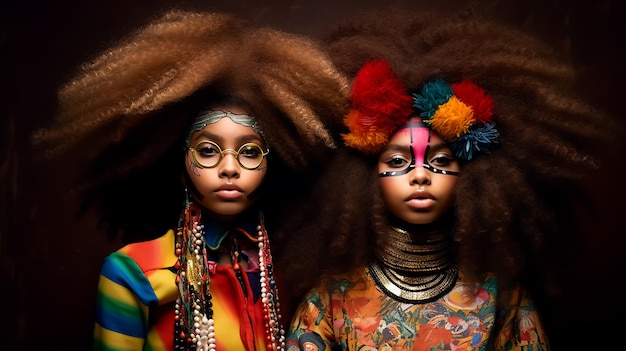 Afro Twins Girls-modellen in vintage Fashion Kleurrijke jurk en krullend kapsel