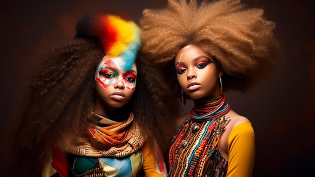 Afro twins girls models in vintage fashion colorful dress and curly hair style