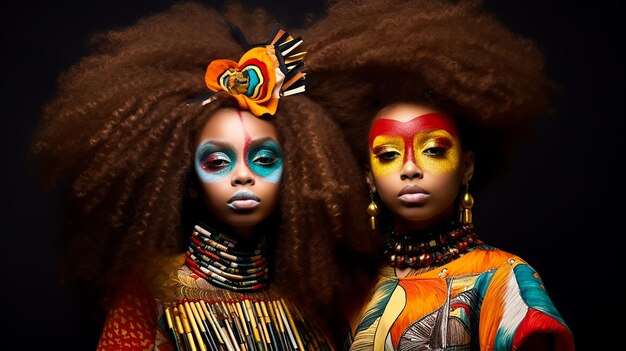 Модели Afro Twins Girls в винтажном модном красочном платье и с вьющимися волосами