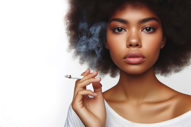 Afro vrouw rookt op een witte achtergrond