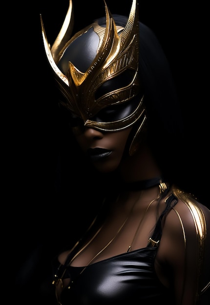 Afro warrior Queen in Golden mask full warrior costumes beautiful dark skin model Fantasy costume