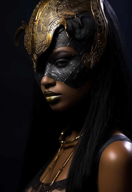 황금 마스크를 입은 아프로 전사 여왕 완전한 전사 의상 아름다운 어두운 피부 모델 판타지 의상