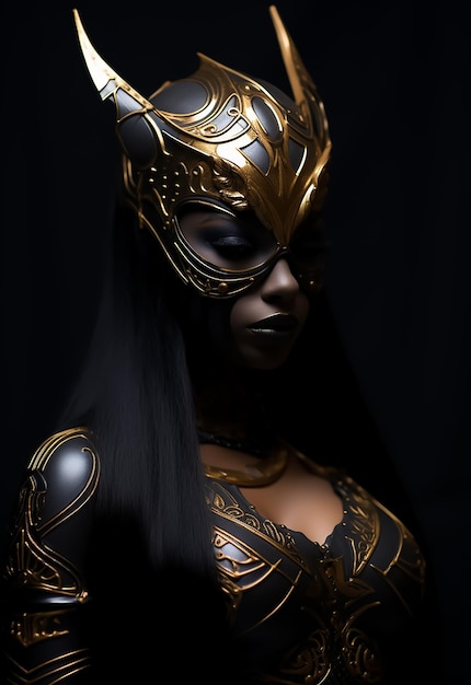 Afro warrior Queen in Golden mask full warrior costumes beautiful dark skin model Fantasy costume