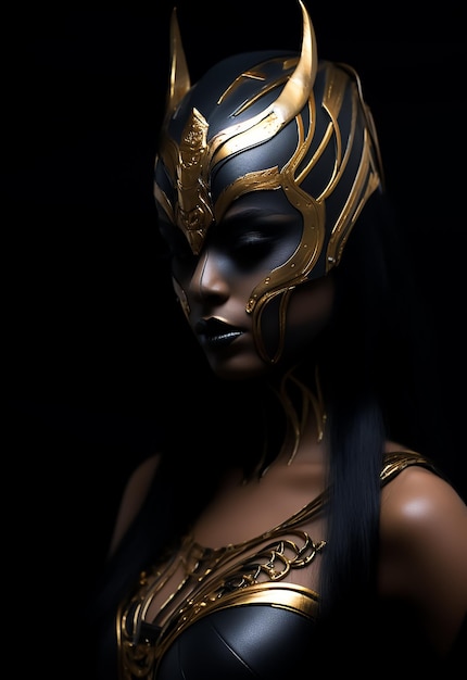 アフロ・ウォリアー・クイーン 黄金のマスク ウォリアーコスチューム 美しい暗い肌のモデル ファンタジーコスチュームは
