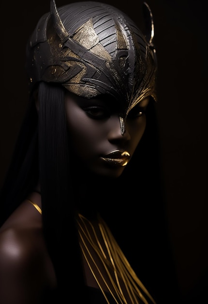 Afro warrior Queen in Golden mask full warrior costumes beautiful dark skin model Fantasy costume