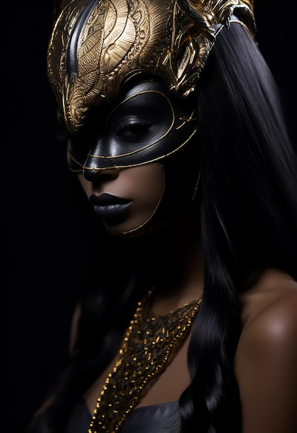 Afro warrior Queen in Golden mask full warrior costumes beautiful dark skin model Fantasy costume