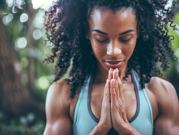 Afro woman doing meditation after running